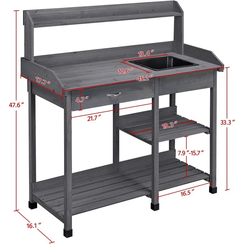 Outdoor Potting Bench Garden Workstation for Horticulture with Drawer, Adjustable Shelf, Removable Sink, Hooks & Pads