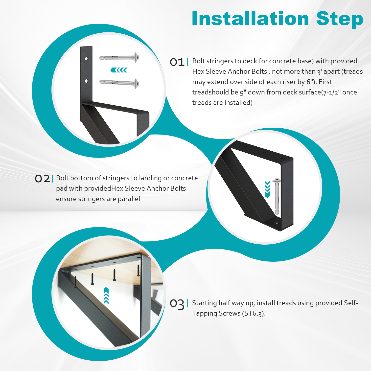 Steel Stair Stringer 1 Step-2 pcs, Pre-drilled Holes Steel Stair Riser for Deck Height 20in,Heavy Duty Outdoor Steps,MAX Load Ca