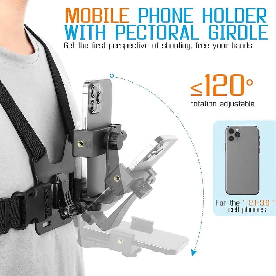 1 PC ปรับผู้ถือคลิปโทรศัพท์พร้อมสายรัดหน้าอก Fixation Bracket สําหรับกล้องกีฬาโทรศัพท์มือถือกล้องสีดําผู้ถืออุปกรณ์เสริม