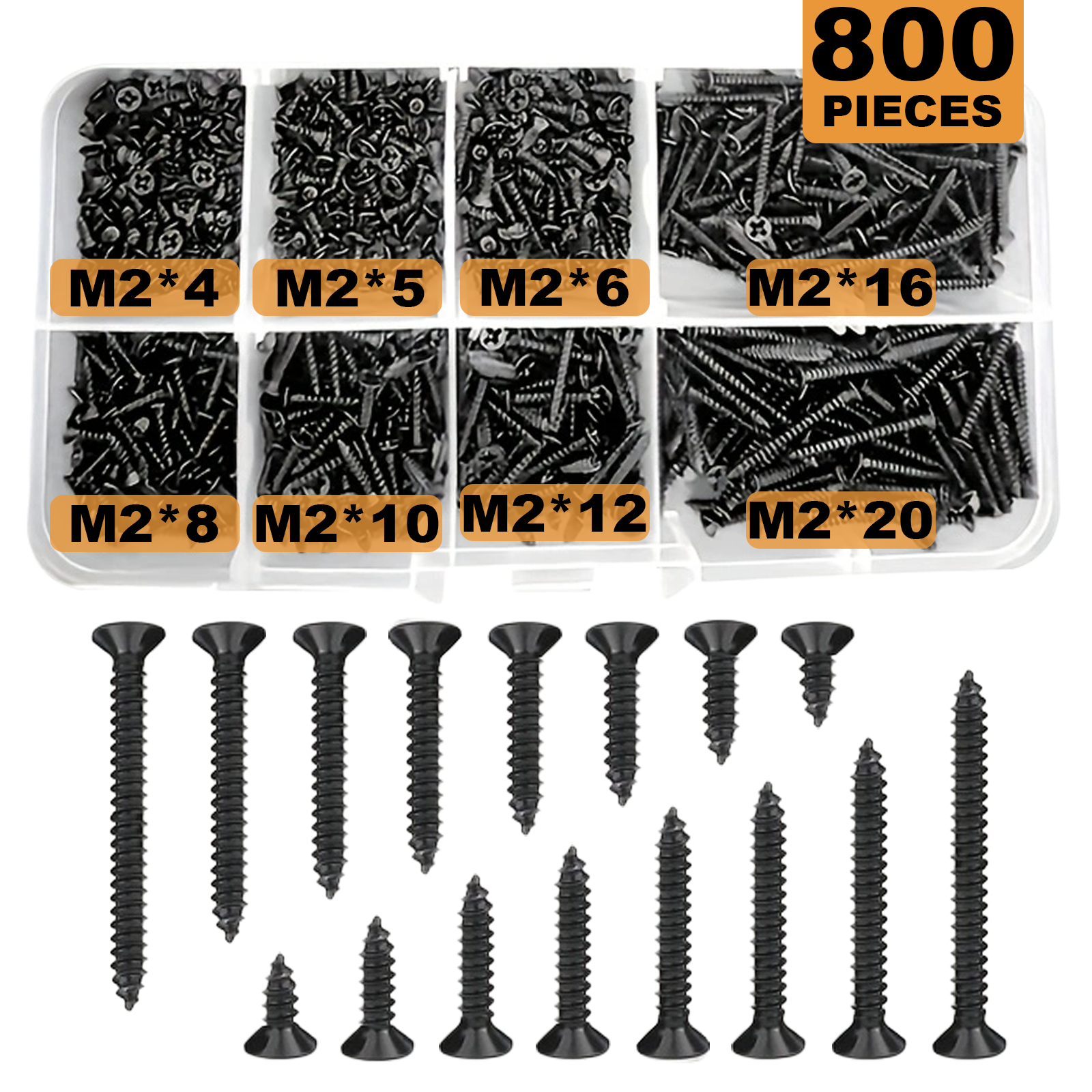 Vis autotaraudeuses croisées noires M2 en acier au carbone, 800 pièces, adaptées à l'amélioration de l'habitat, aux ingénierie de bricolage, aux produits électroniques