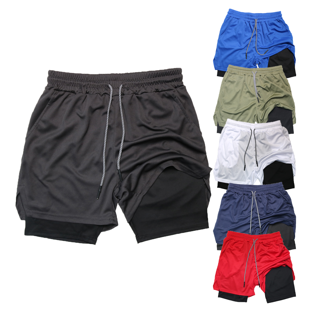 Calções de fitness de camada dupla masculino fitness ginásio treinamento 2 em 1 calções esportivos secagem rápida treino jogging deck duplo verão