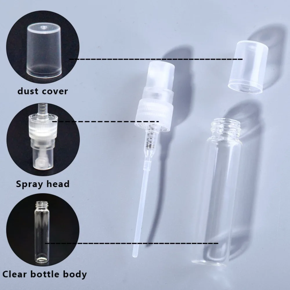 50 Uds + 4 accesorios botella de spray de vidrio recargable de 10ML con 50 botellas de spray, 1 cuentagotas, 1 embudo, 1 dispensador, 1 jeringa