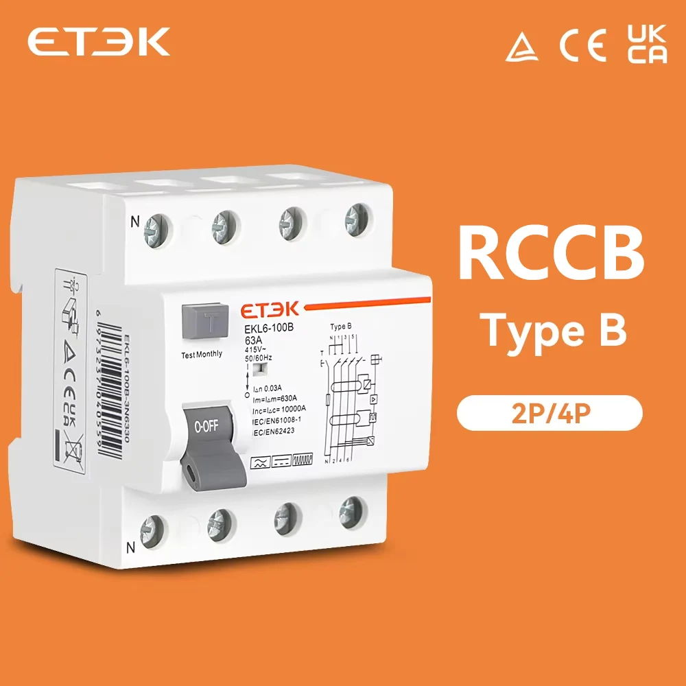 Автоматический выключатель ETEK RCD RCCB, устройство для защиты от утечки остаточного тока, тип B, Evse 2P, 4P, 40A, 63a, 220 A, 30 мА, мА, стандартная Din-рейка, в