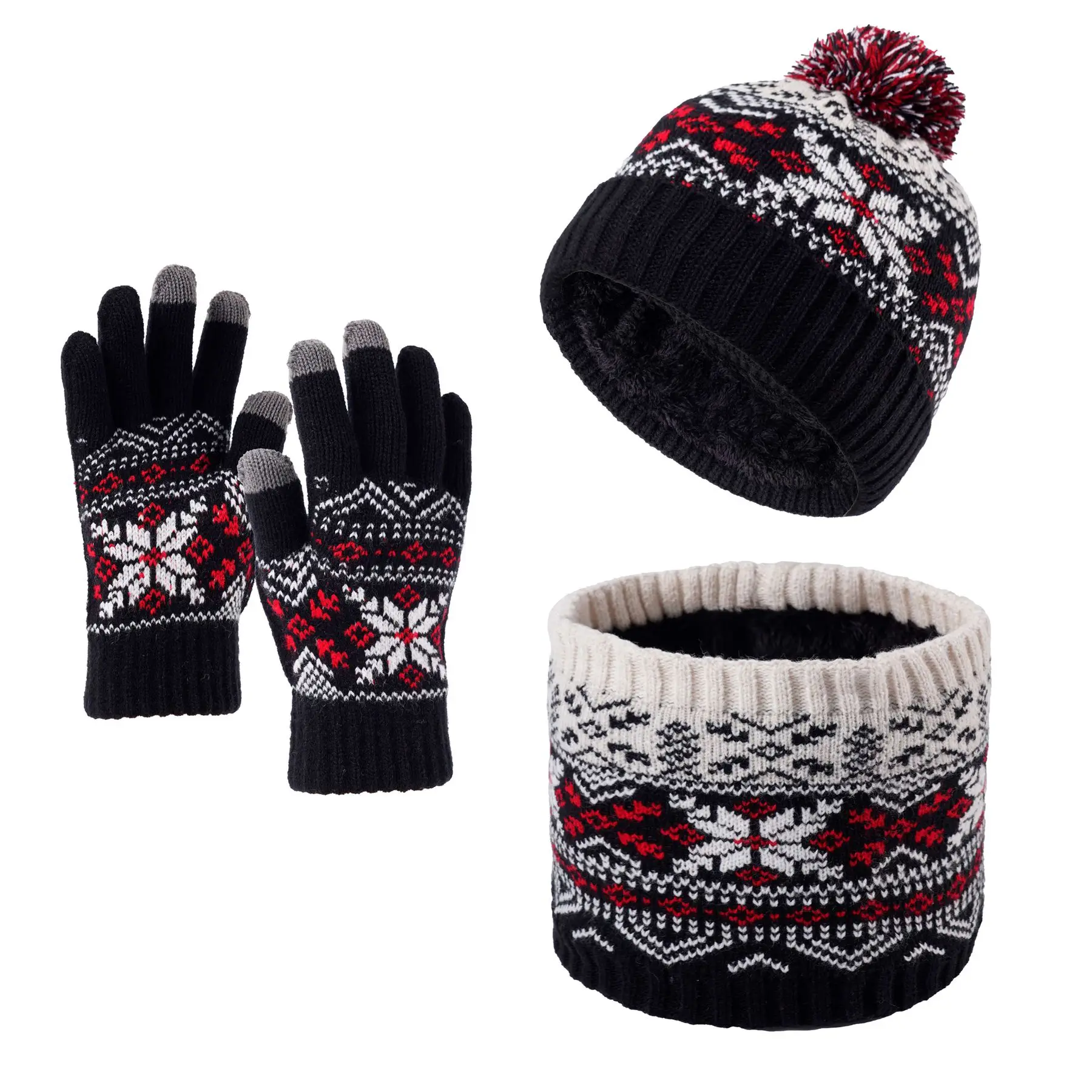 3pc3-12Y Chapéu de malha quente infantil, cachecol e luvas conjunto de três peças de floco de neve para meninos e meninas com lã