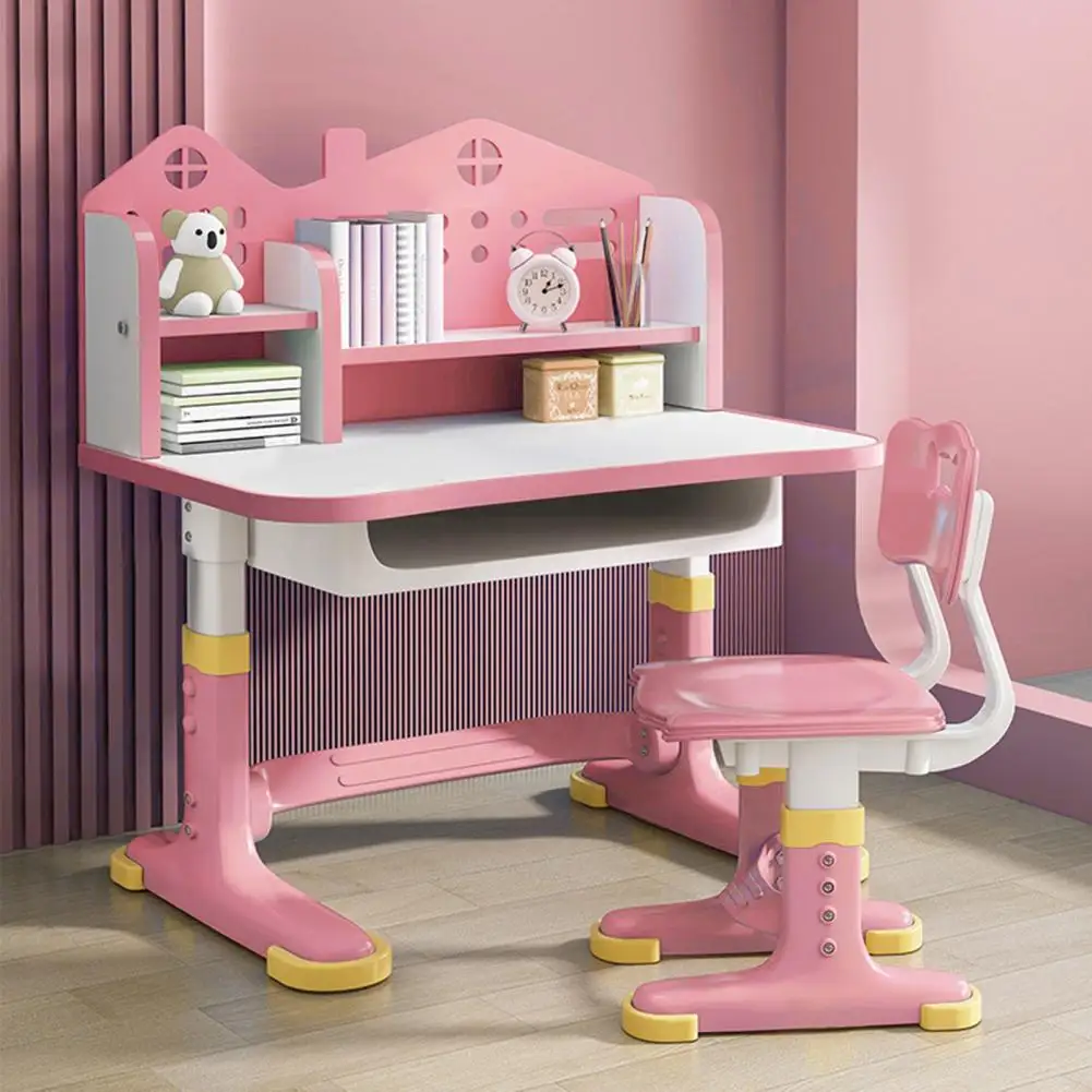 Kids Functional Desk Chair Set Height Adjustable Children School Study Desk with Castle Backboard, Widened Desktop, Bookstand