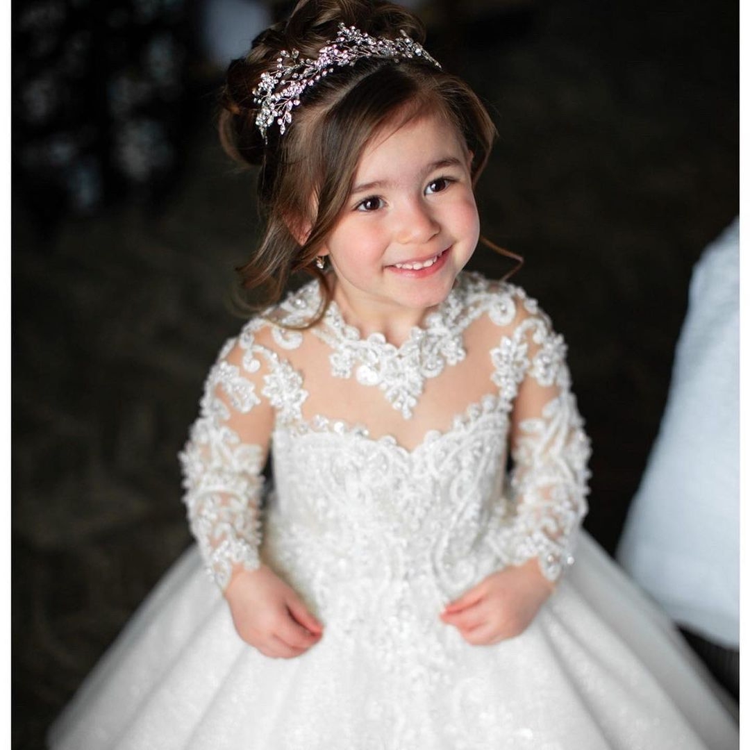 Une ligne fille dentelle Appliques princesse fête de mariage robes de filles de fleur robe Vintage avec nœud enfants première Communion robe de bal