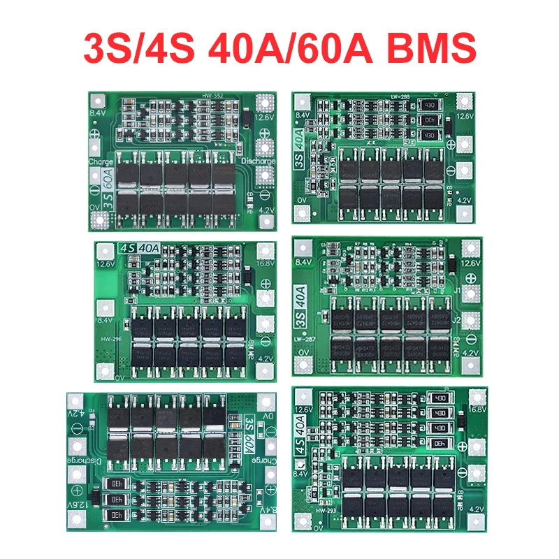 3S/4S 40A 60A Защитная плата зарядного устройства для литий-ионного аккумулятора 18650 BMS для двигателя дрели 11,1 В 12,6 В/14,8 В 16,8 В Улучшение/балансировка