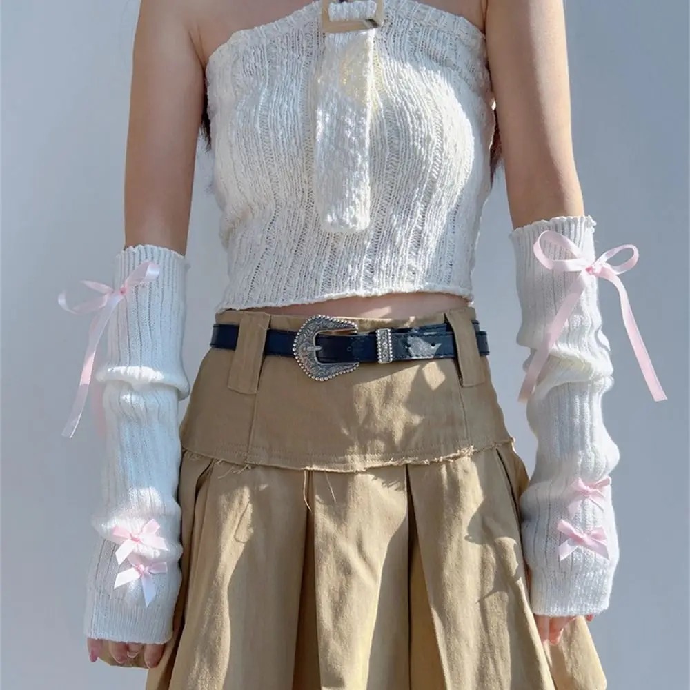 Elastic Knitted Bow Arm Sleeves Ballet Style Warm Half Finger Long Gloves Y2K Korean Style Long Wrist Gloves