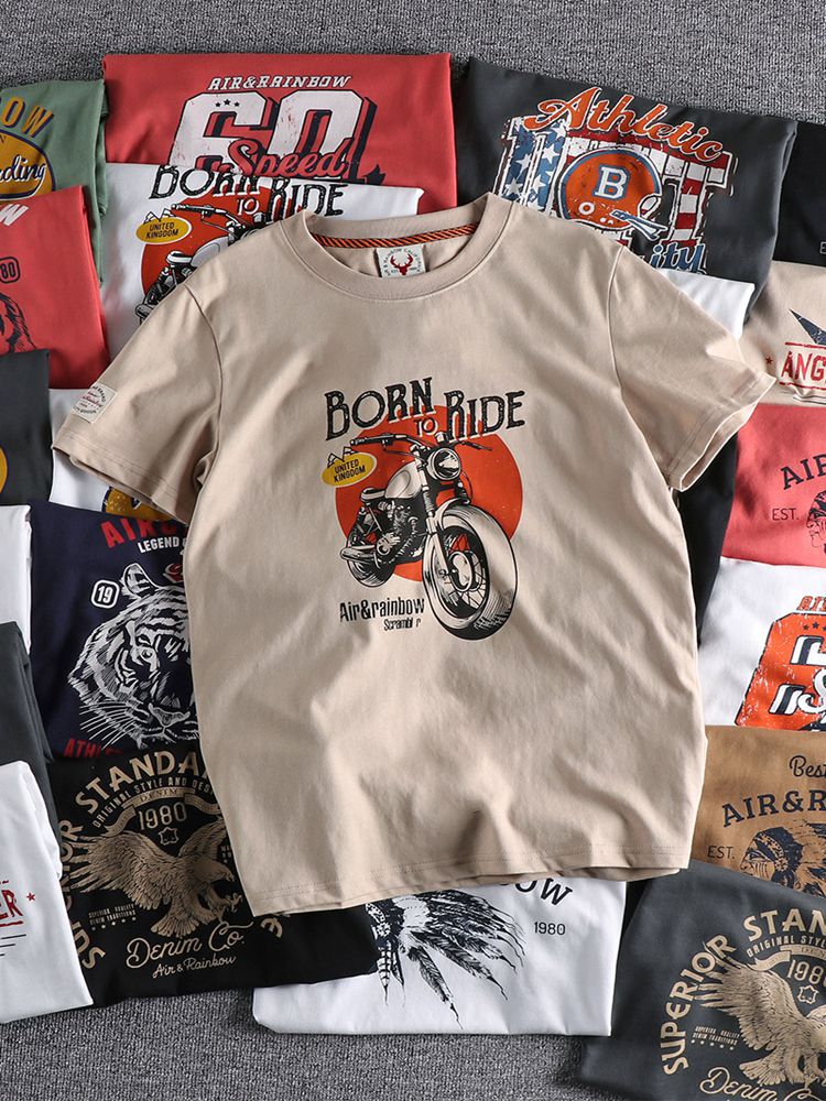 Novedad de verano, camiseta Retro americana de manga corta con cuello redondo y estampado de águila, camisetas deportivas informales lavadas de algodón 100% simples a la moda para hombre