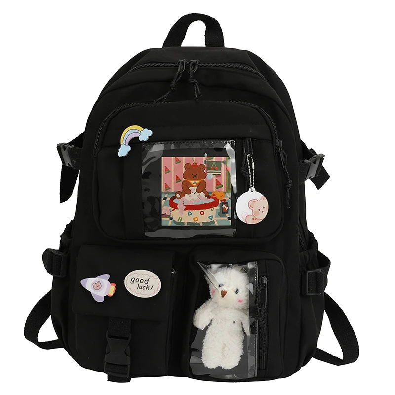 Mochila escolar de nailon para niñas y niños, bolsa Kawaii de PVC transparente a cuadros, Color de contraste, ocio universitario, grande