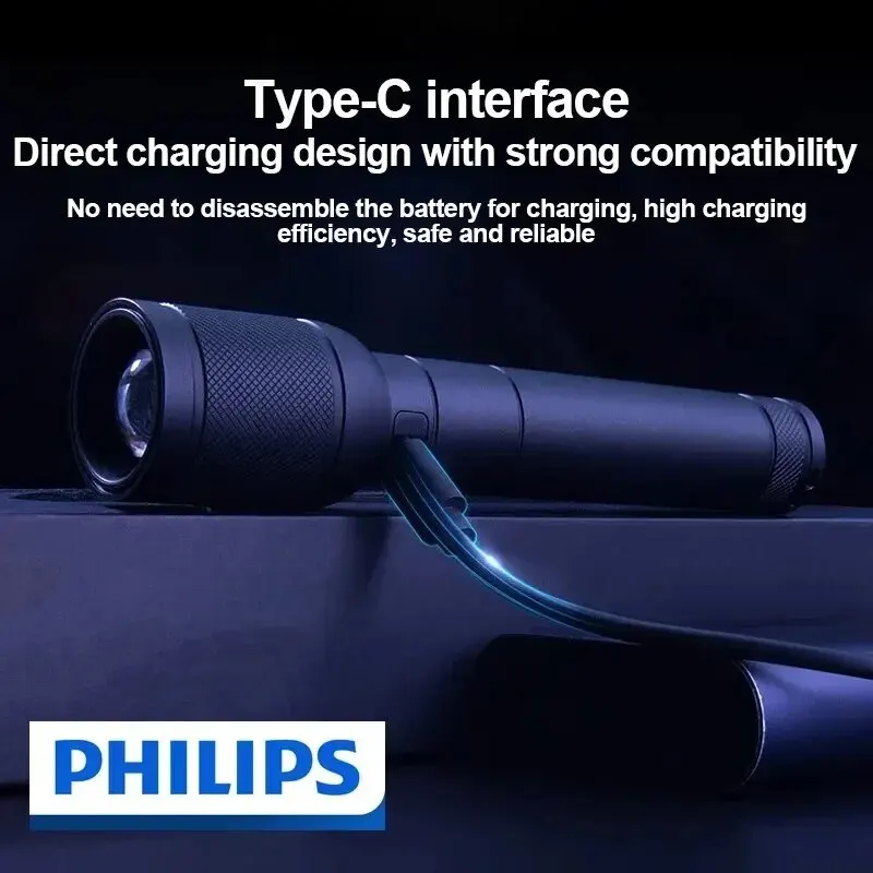 Philips-6168 Lanterna com Zoom Óptico, Lanterna Portátil, Tipo-C, 4 Modos de Iluminação, Autodefesa, Camping, Lanterna, 6168