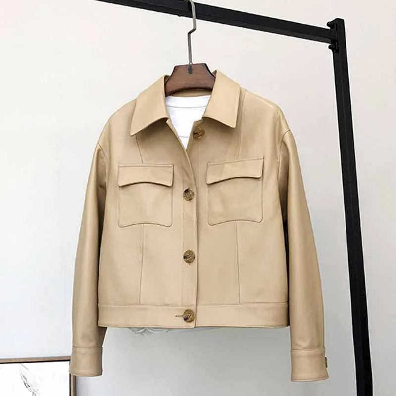 Chaquetas cortas de cuero auténtico para mujer, chaquetas informales de piel de oveja con bolsillos de un solo pecho y manga larga, otoño 2024