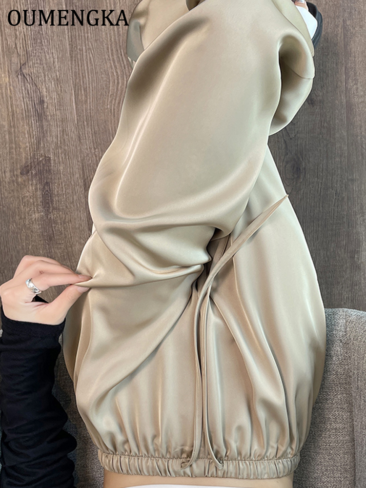 OUMENGKA femmes été couleur unie Satin taille élastique cordon ample jambe droite pantalon décontracté lisse coupe ample pantalon