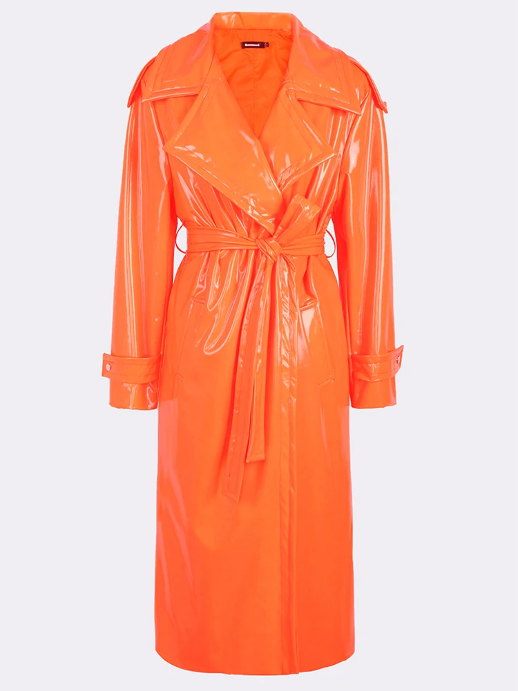 Nerazzurri Herbst Lange Lose Weiß Orange Shiny Reflektierende Patent Leder Graben Mantel für Frauen Schärpen Einreiher Mode