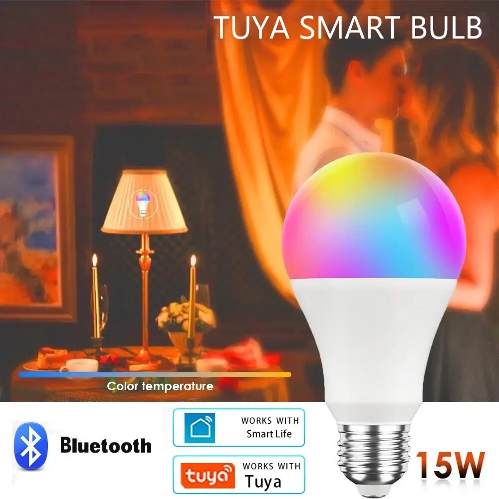 15w e27 tuya lâmpada led vida inteligente app controle regulável rgb cor ampola lâmpada led trabalho com casa quarto ac 85- 265v