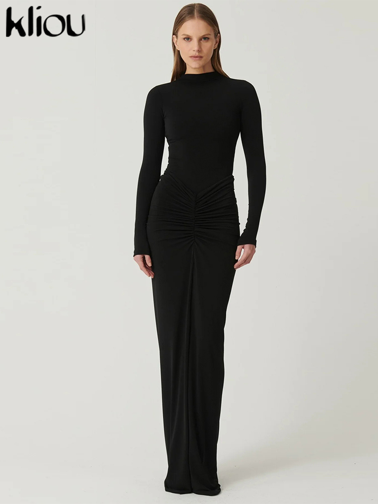 Kliou Raffen Frauen Klassische Maxi Kleid Herbst Neue Feste Langarm Hohe Kragen Körper-gestaltung Vestidos Mujer Concise Trend robe