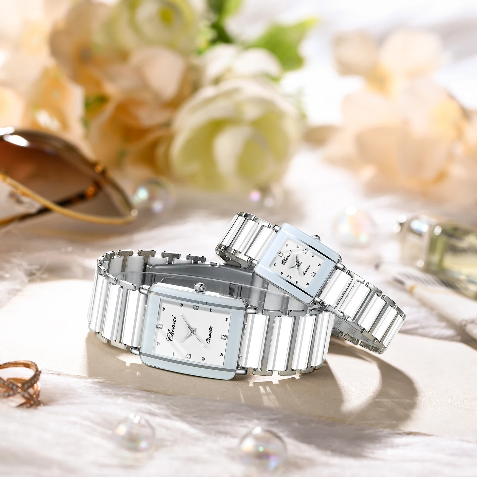 CHENXI 104A modne zegarki dla par prostokątny zegarek kwarcowy dla kobiet mężczyzn miłośników symulowanej ceramiki relojes para damas reloj mujer