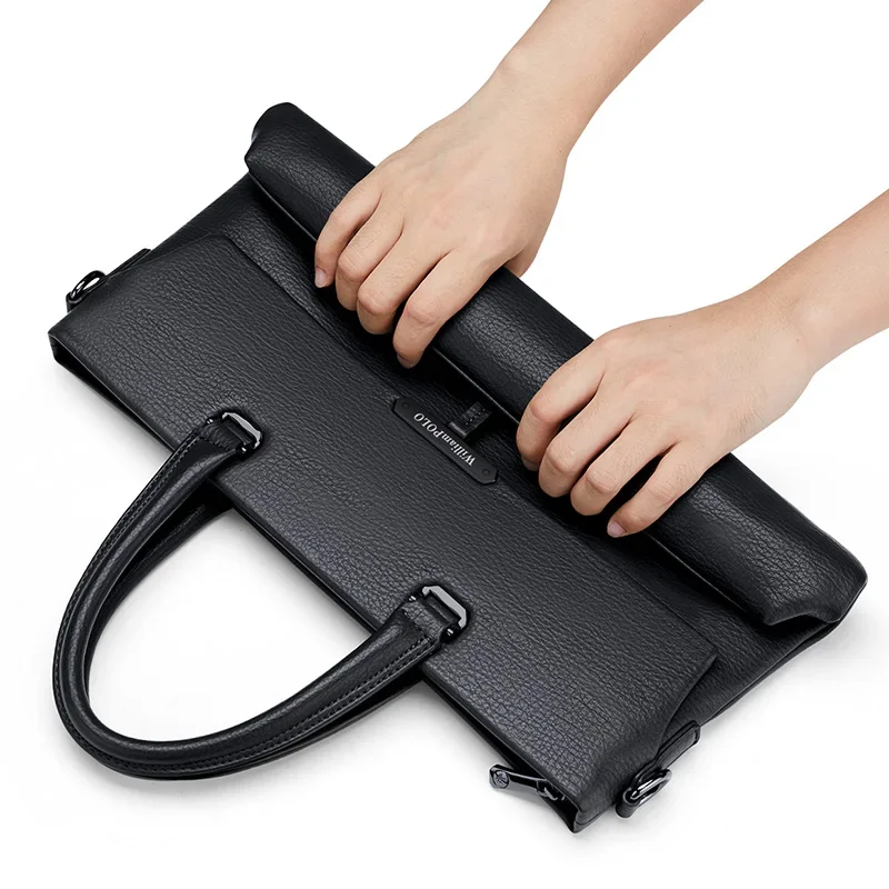 Valigetta da uomo Tote Strato superiore in pelle bovina Borsa per computer impermeabile da 14 pollici Borsa a tracolla singola con retro nero