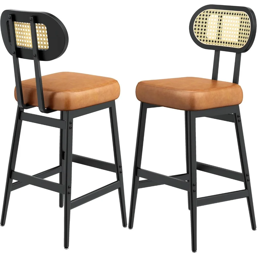 30" Counter Height Bar Stools (Set of 2): Modern PU Leather, Rattan Back, Wide Seat