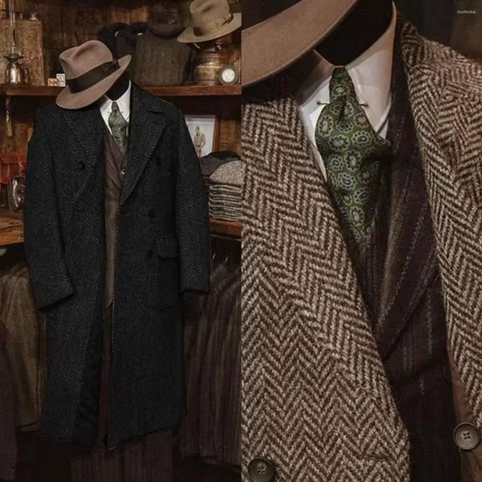 Veste longue en Tweed à motif de chevrons pour hommes, Slim, Design à la mode, vêtements d'hiver pour hommes, décontracté, Business, nouvelle collection 2025