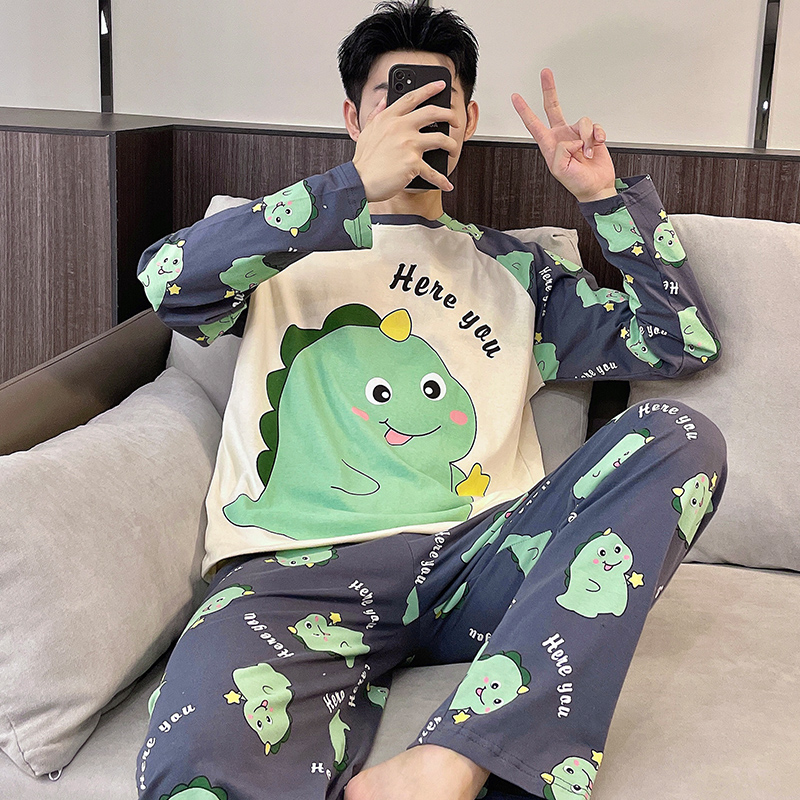 Primavera mangas compridas dormir topos calças pijamas para homens pijamas de algodão terno masculino dos desenhos animados casual casa roupas pjs homme