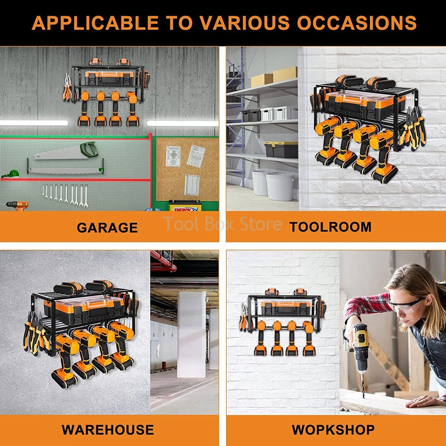 3-Layer Power Tool Organizer Rack Wall Mount Electric Drill Tool Rack Heavy Duty Tool Storage Shelf Garage Tools Cabinet