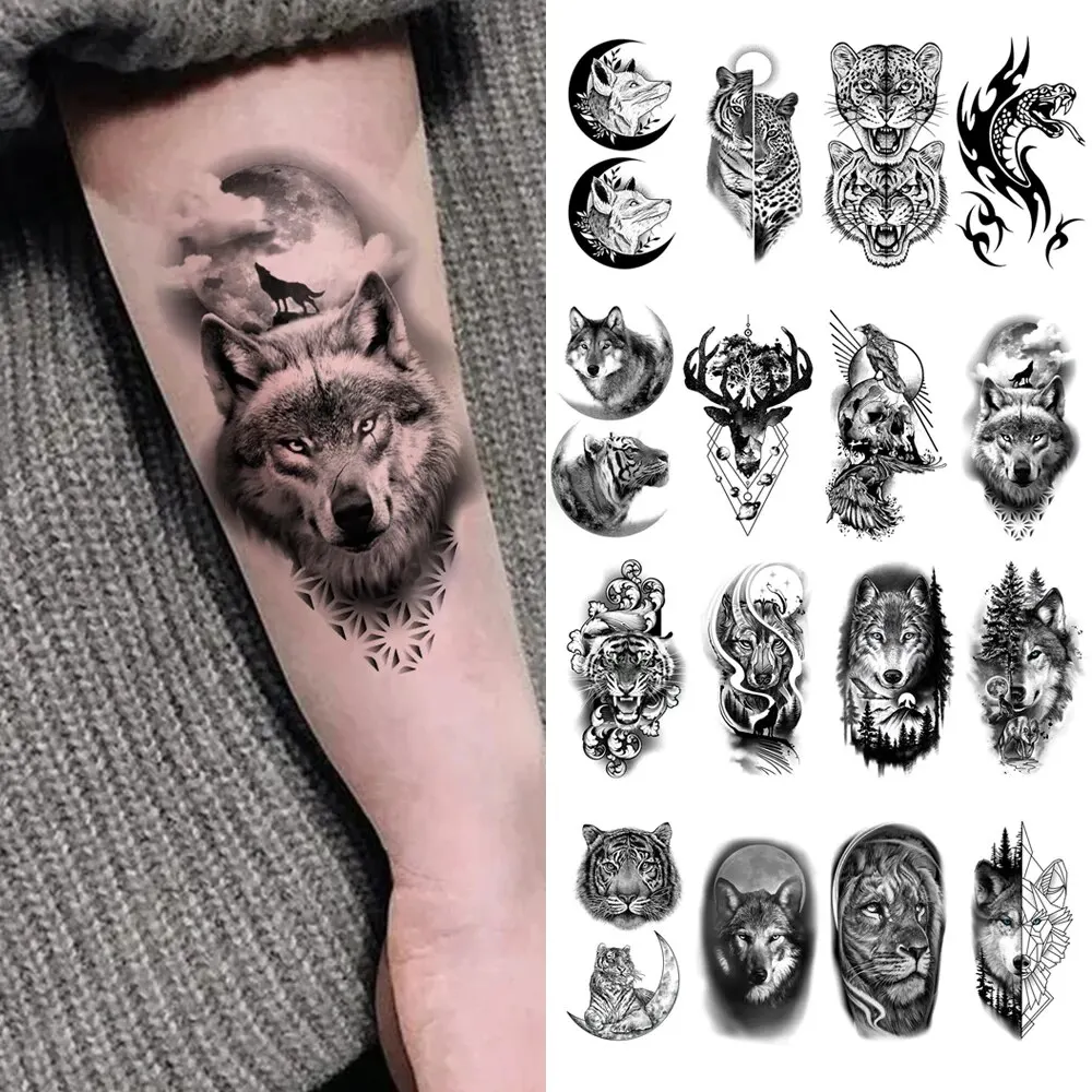 10 stks Waterdichte Tijdelijke Tattoo Sticker Donkere Wolf Leeuw Tijger Adelaar Slang Herten Skelet Schorpioen Body Art Arm Tattoo Vrouwen Mannen