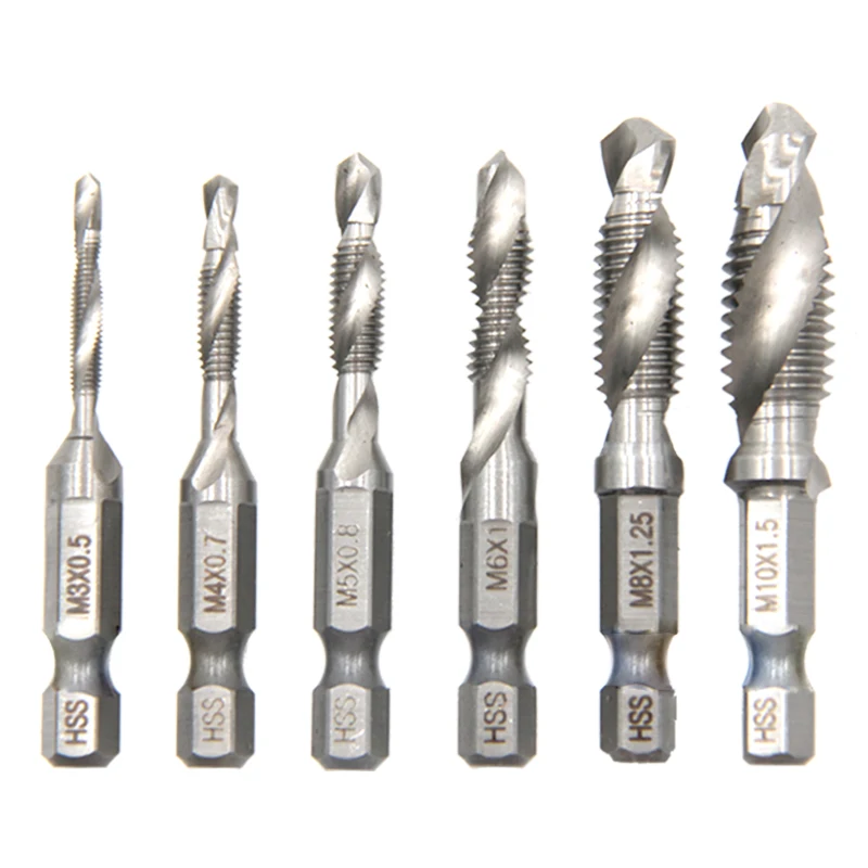 Torneira composta métrica, 6 peças, cor natural, estilo curto, perfuração e rosqueamento, máquina integrada, ferramenta de rosqueamento e chanfradura