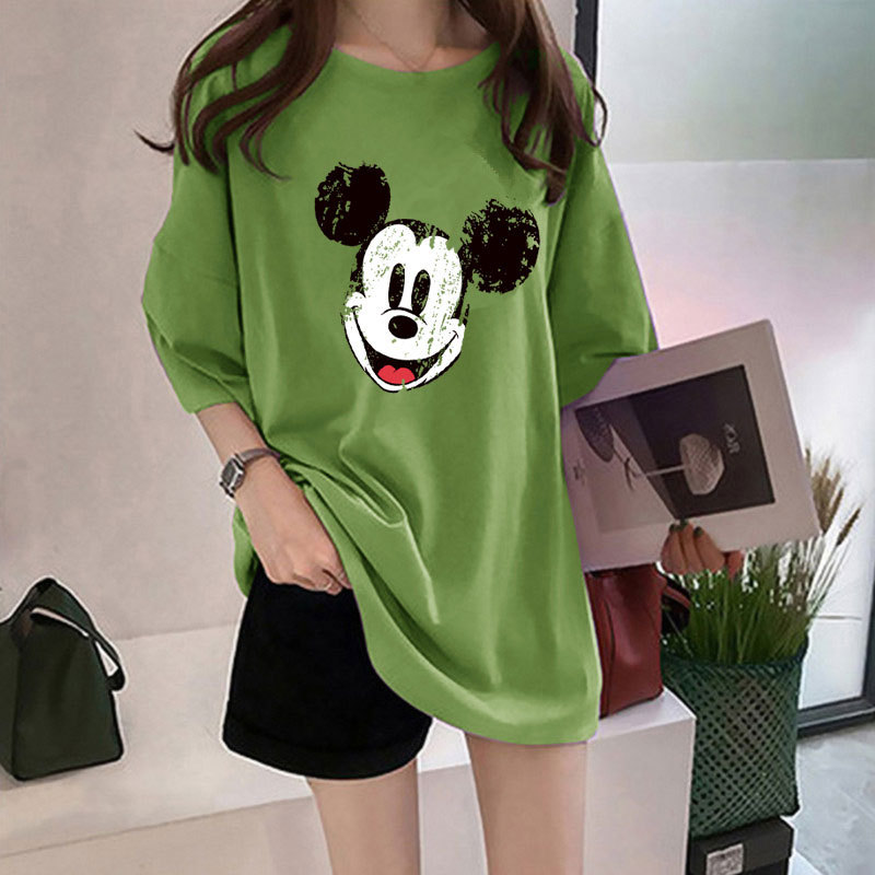 T-shirt Wanita Ukuran Besar Kartun Mickey Mouse Print Musim Panas Lengan Pendek Longgar Warna Solid T-Shirt Siswa Pertengahan Panjang Atasan Tipis