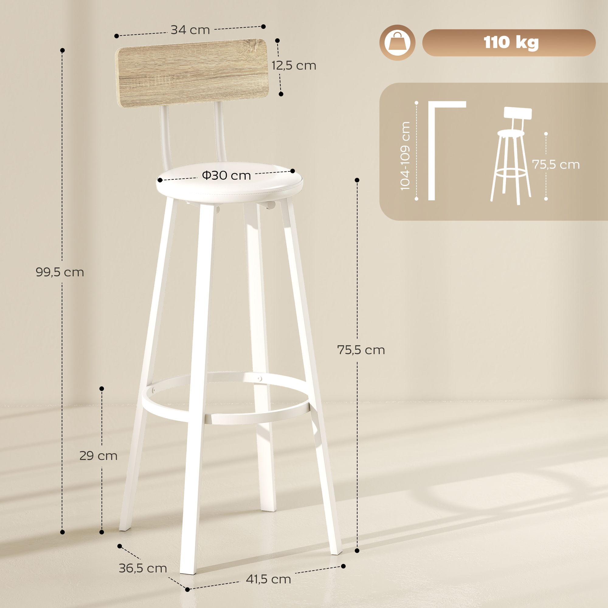 HOMCOM Juego de 2 Taburetes Altos de Cocina con Respaldo y Reposapiés Tapizados de PU Asiento de 75,5 cm