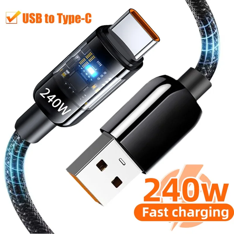 Cable de carga rápida USB tipo C de 240W, línea de datos tejida, carga rápida antirotura para Samsung, IPhone, Xiaomi, HUAWEI, IPad