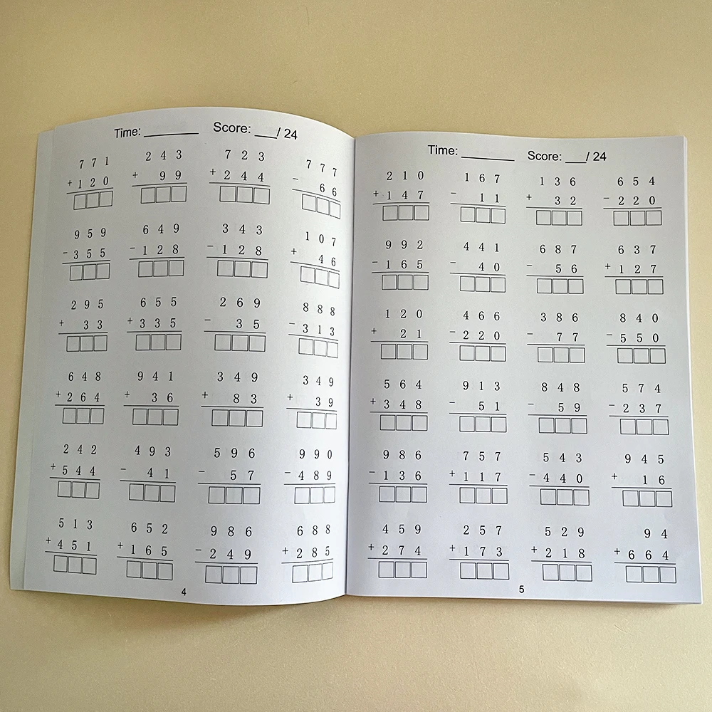 Three Digit Math Practice Worksheets for 2nd Graders, and 3rd Grade, Addition and Subtraction Calculation Training Within 1000
