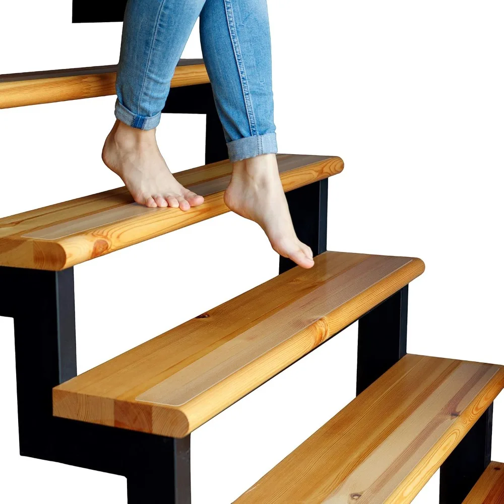 Indoor Wooden Steps Anti Slip Transparent Stair Treads, with 15 Rollers 32 '' X 4 '' Pre Cut Anti Slip Strips and Stair Treads