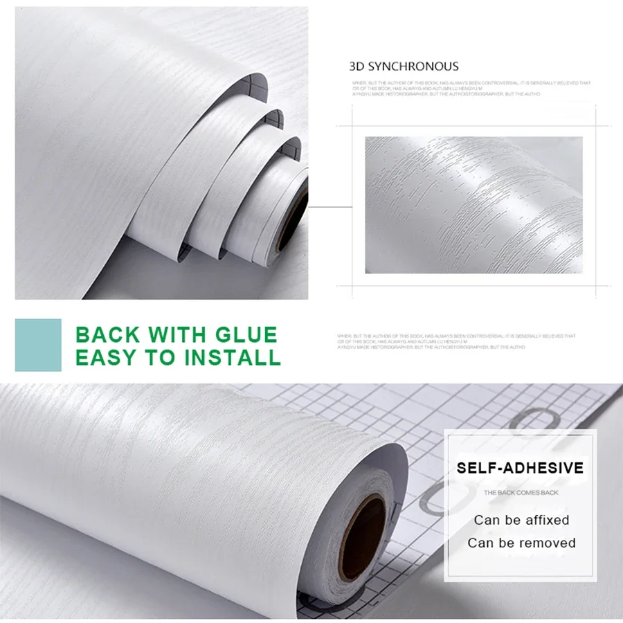 วอลล์เปเปอร์ไม้กาวในตัวสีขาว PVC กันน้ําฟิล์มตกแต่งตู้ครัวห้องนอนตู้เสื้อผ้าสติ๊กเกอร์ปรับปรุงเฟอร์นิเจอร์