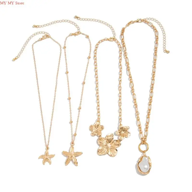 N1he Beach Kalung Set Gold Stackable Stackish Seashells Pearls Clavicle Chain Jewelry untuk acara dan acara musim panas