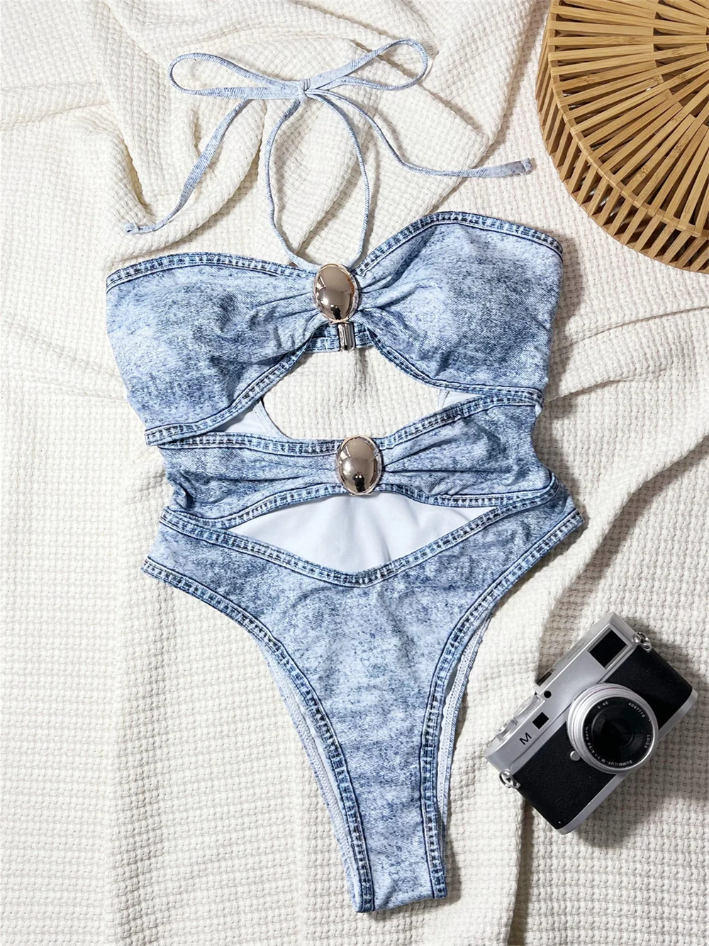 Sexy oco para fora torção biquíni denim impressão halter string bandeau maiô de corte alto banho feminino tendência praia biquini