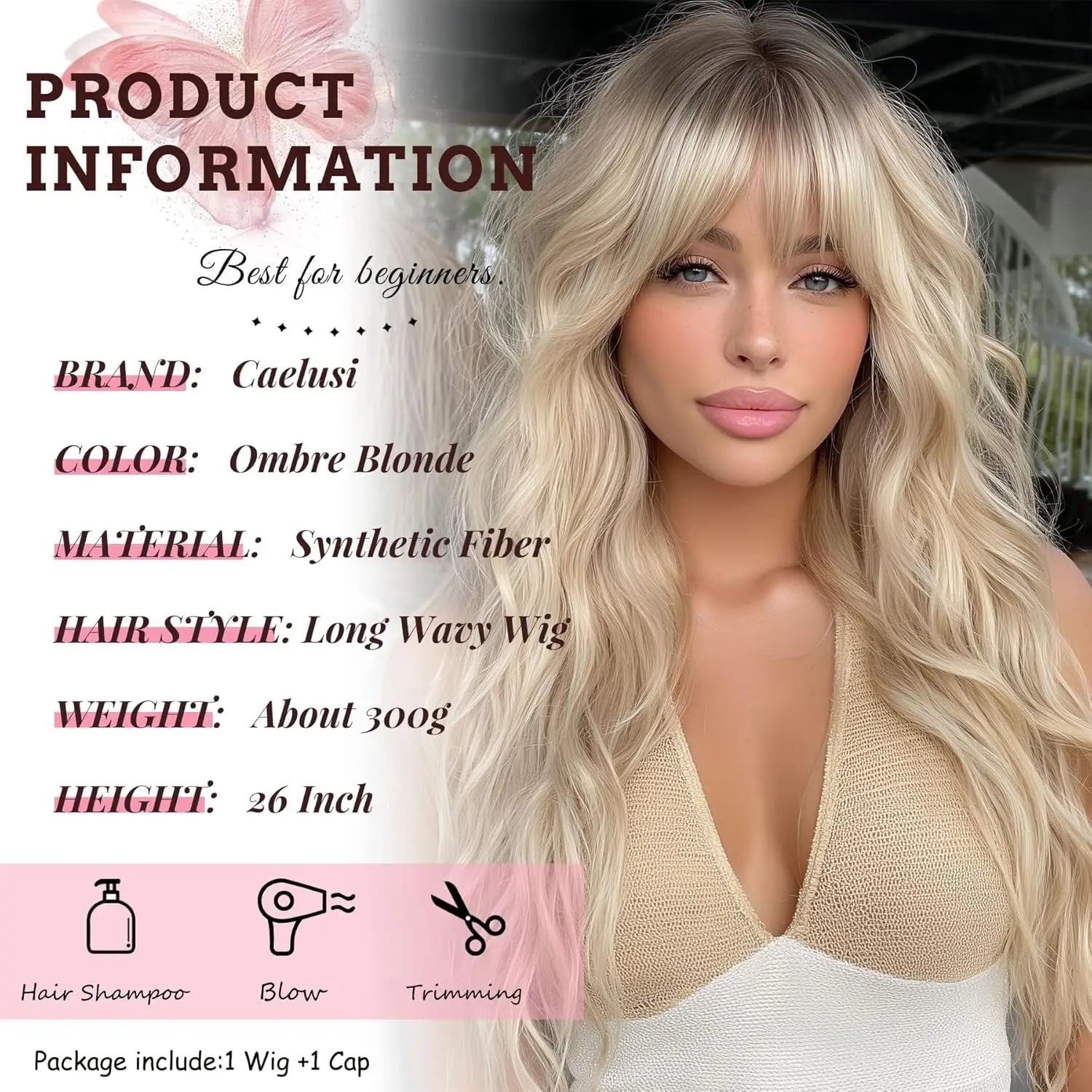 Ombre Blonde Perücke mit Pony, lange gewellte Perücke, platinblonde Perücken für Frauen mit dunklen Wurzeln, natürliche synthetische Perücken, lockiges Haar