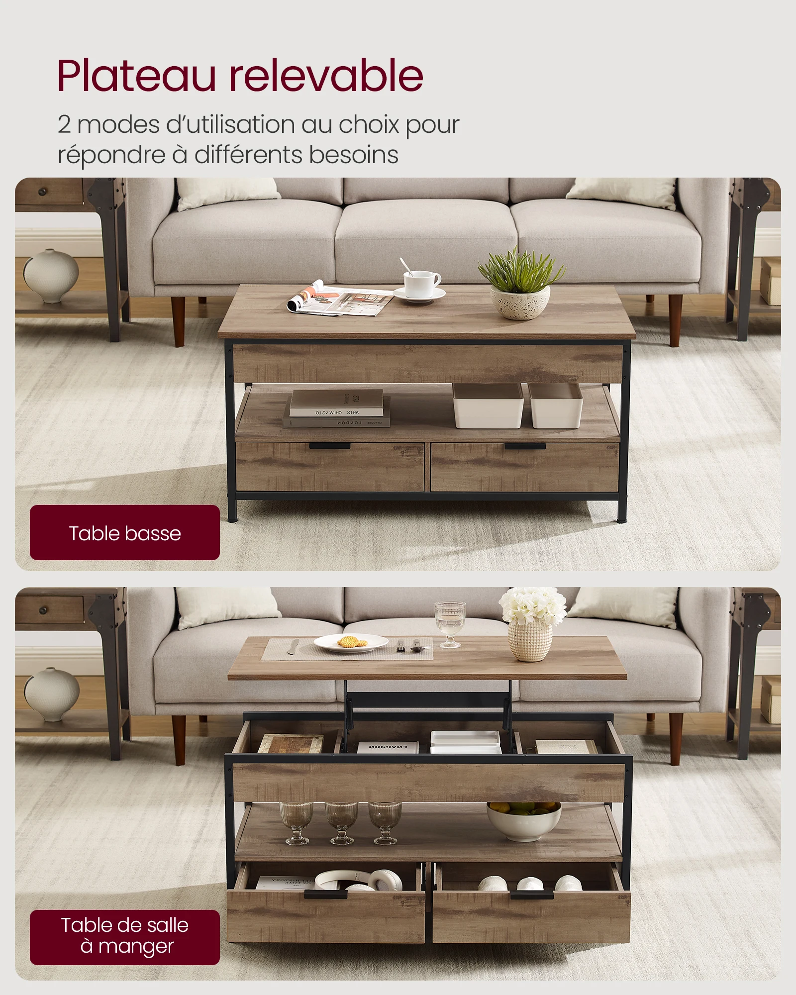 VASAGLE Table Basse, Table de Salon avec Plateau Relevable, Tiroirs de Rangement, avec Rangement Ouvert et Compartiment Caché