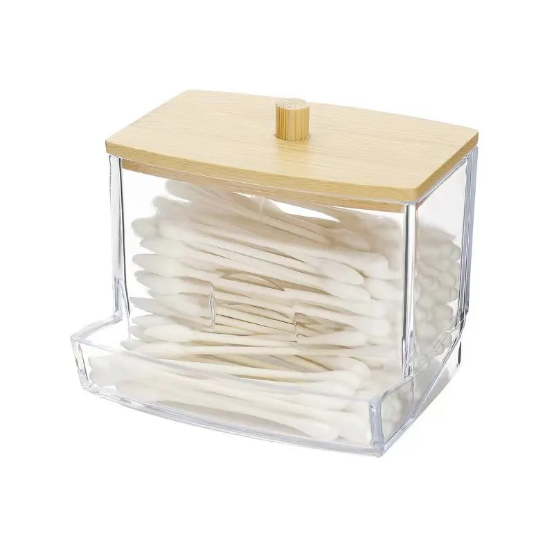 Caixa de cotonete de algodão-capa de bambu transparente à prova de poeira cotonete caixa de armazenamento de palito de dente dispensador visível multiuso