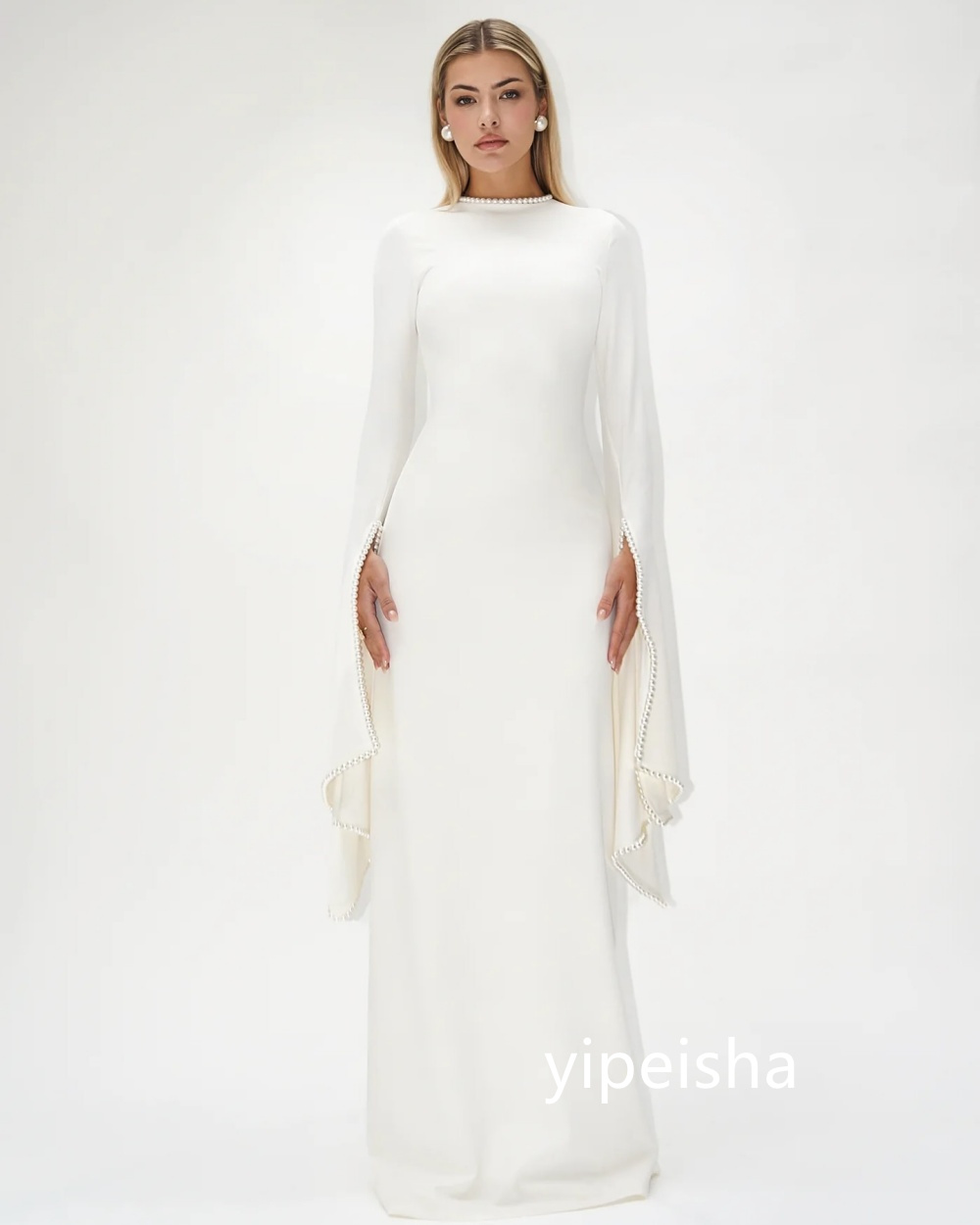 Customized Chinese Style Jersey Pearl A-line Scoop Neck Long Dresses Prom Dresses Classic Exquisite Modern Style Pastrol Unisex 