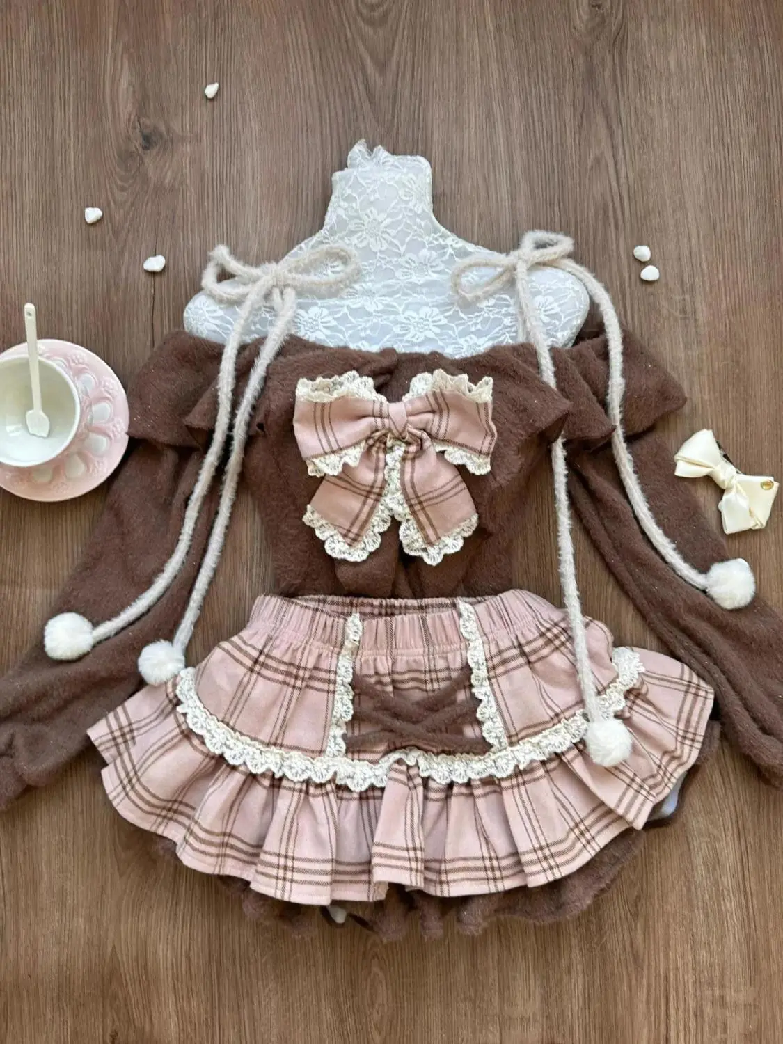 Conjunto de dos piezas de Lolita dulce para mujer, Tops con lazo de manga larga + minifalda de pastel a cuadros, conjunto Kawaii de diseñador coreano para mujer 2024