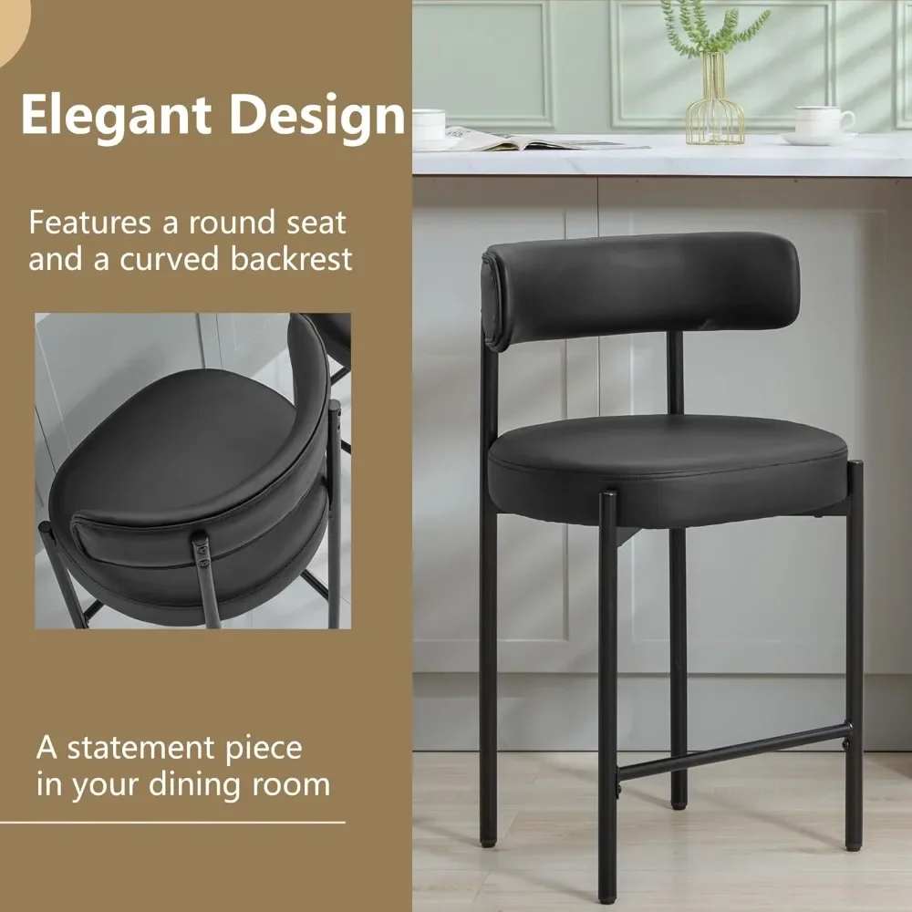 Counter Height Bar Stools, 24'' Black Bar Stools Set of 4, Faux Leather Counter Stools with Back, Mid-Century Modern Bar Stools