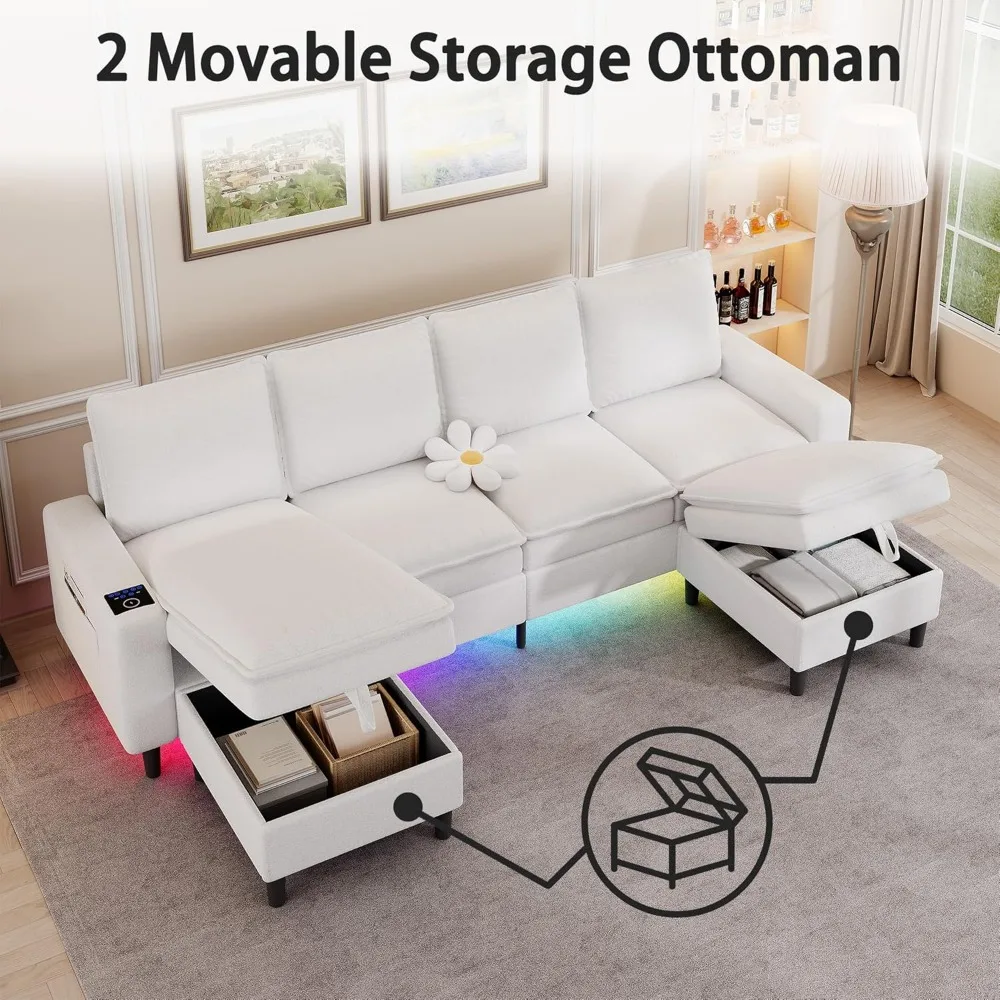 Sectional Couches for Living Room, 4 Seat Sectional Sofa with Double Cushions/Storage Ottoman, Teddy Fleece U Shaped Couch with