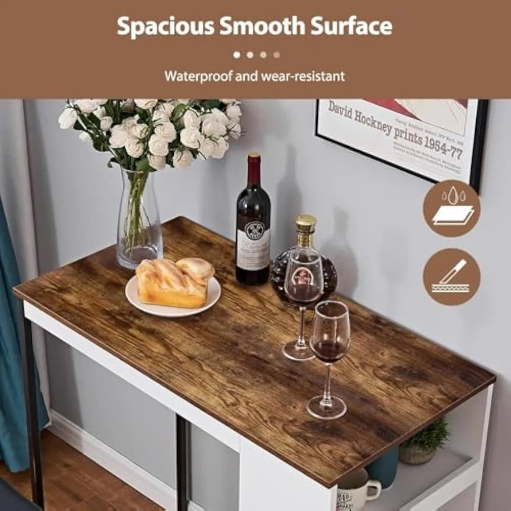 3 Piece Dining Table Set Kitchen Bar Table with Two Stool Storage Shelves Wood Counter Height Table Top with Sew Kerf