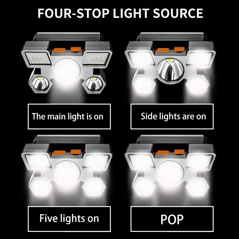 Linterna frontal recargable por USB, linterna portátil de 5LED con batería integrada, linterna frontal portátil impermeable para pesca y Camping
