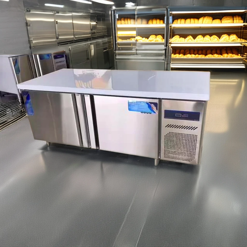 คุณภาพสูงสแตนเลสสตีลเดสก์ท็อป Cooling Workstation ตู้แช่แข็ง Workbench สําหรับห้องครัวและร้านอาหาร Counter Cooling Workbench