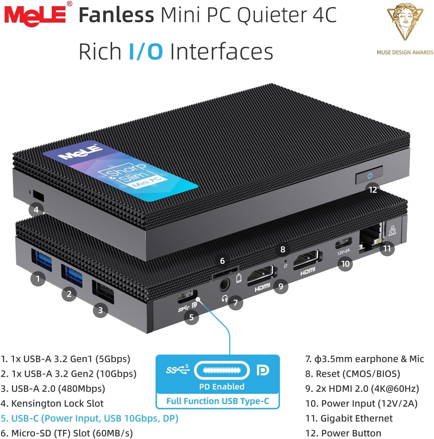 Mele mais silencioso 4c fanless n100 mini computador desktop 32gb 512gb pequeno computador de jogos usb tipo c 4k três display