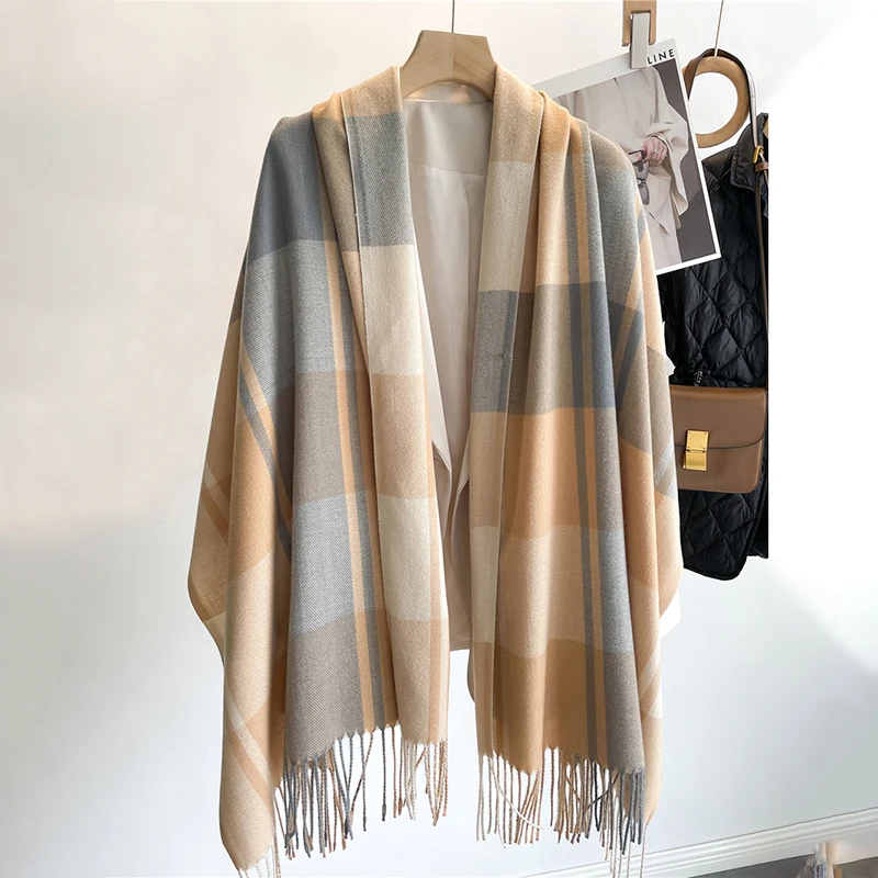Cobertor de caxemira quente feminino viagem inverno cachecol moda xadrez pashmina xale grosso envolve com borla casual bufanda poncho novo