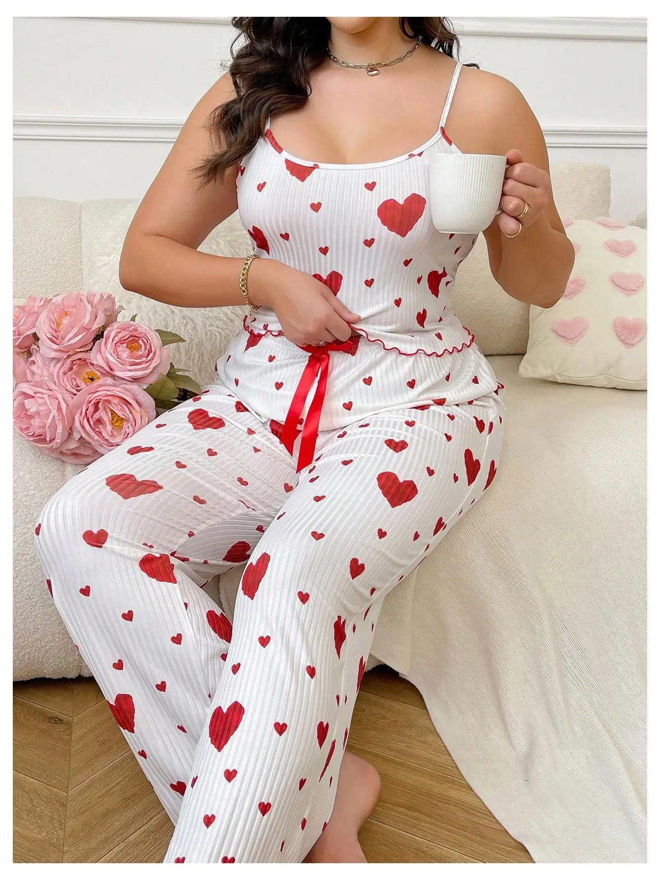 Conjunto de pijamas femininos plus size, 2 peças, colete sem mangas e calças, branco, macio, respirável, roupa de dormir casual, estampa de coração vermelho