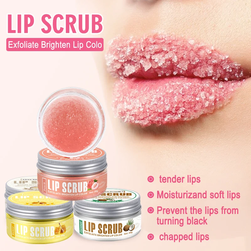 Esfoliante labial 30g pêssego mel arroz coco iluminando cor labial esfoliante lábios hidratantes